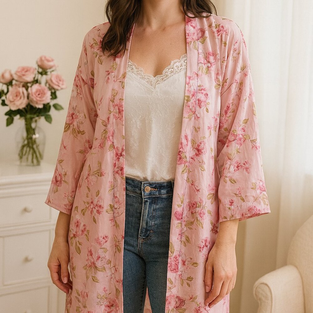 Peach Love Kimono NWT Women’s Large Pink Floral Sunny Sunday Open Front Longline